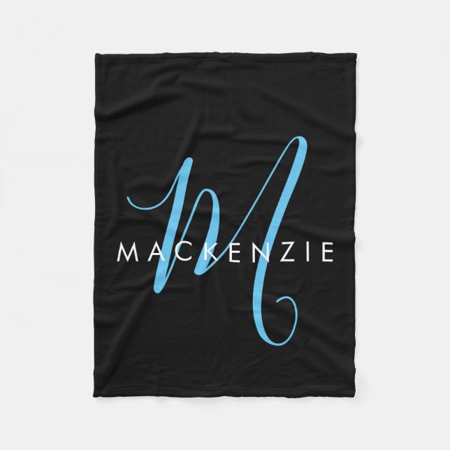 Elegant Modern Black Sky Blue Script Monogram Fleece Blanket (Front)