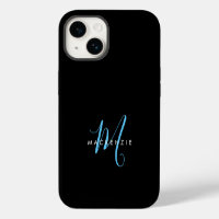 Elegant Modern Black Sky Blue Script Monogram