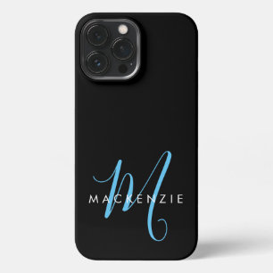Elegant Modern Black Sky Blue Script Monogram iPhone 13 Pro Max Case