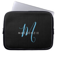 Elegant Modern Black Sky Blue Script Monogram