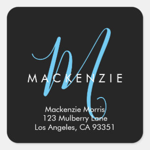 Elegant Modern Black Sky Blue Script Monogram Square Sticker