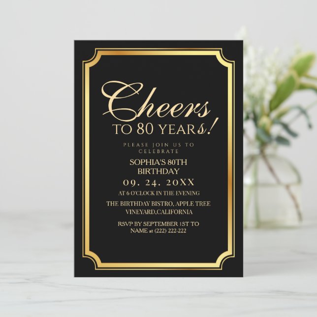 Elegant Modern Black Surprise 80th Birthday Invitation (Standing Front)