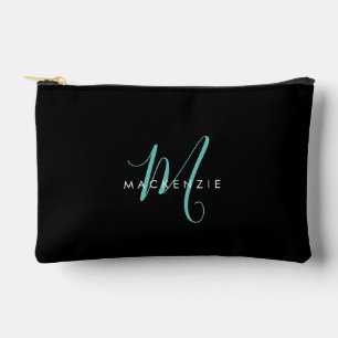 Elegant Modern Black Teal Script Monogram Accessory Pouch
