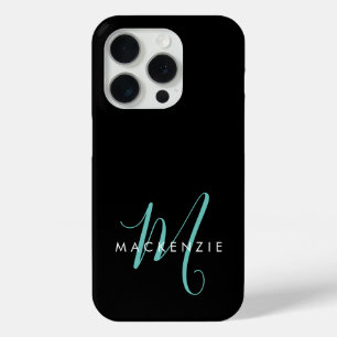 Elegant Modern Black Teal Script Monogram iPhone 15 Pro Case