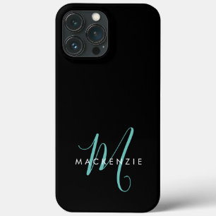 Elegant Modern Black Teal Script Monogram iPhone 13 Pro Max Case