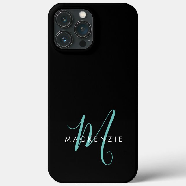 Elegant Modern Black Teal Script Monogram Case-Mate iPhone Case (Back)