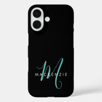 Elegant Modern Black Teal Script Monogram