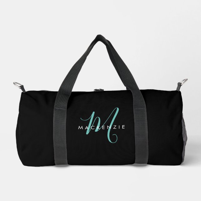 Elegant Modern Black Teal Script Monogram Duffle Bag (Front)