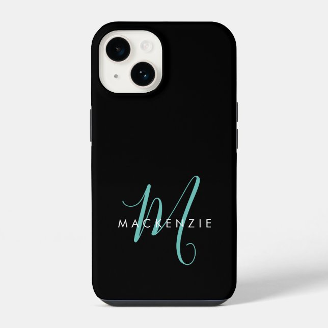 Elegant Modern Black Teal Script Monogram iPhone Case (Back)