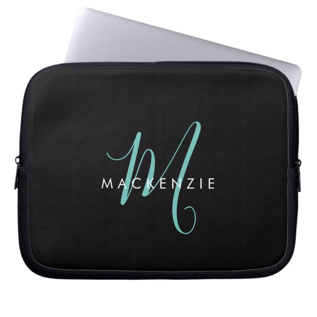 Elegant Modern Black Teal Script Monogram Laptop Sleeve (Front)