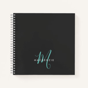Elegant Modern Black Teal Script Monogram Notebook