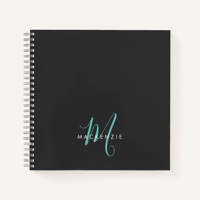 Elegant Modern Black Teal Script Monogram Notebook (Front)