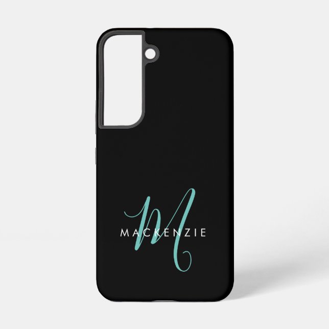 Elegant Modern Black Teal Script Monogram Samsung Galaxy S22 Case (Back)