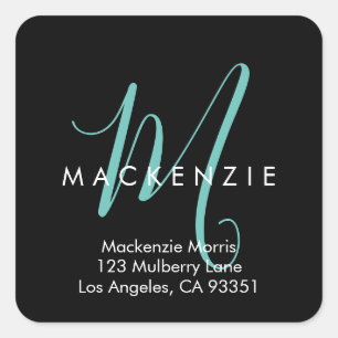 Elegant Modern Black Teal Script Monogram Square Sticker
