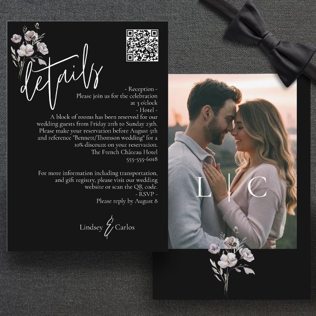 Elegant modern black wedding details QR code Enclosure Card (Creator Uploaded)