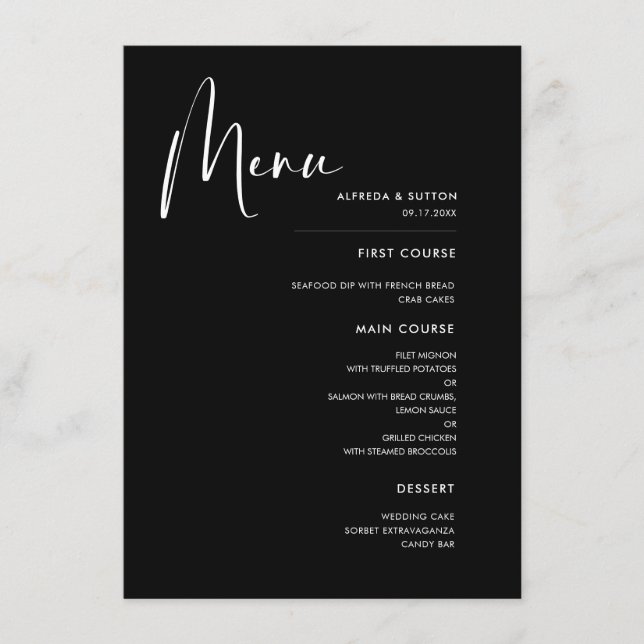 Elegant & modern black wedding menu (Front)