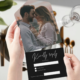 Elegant modern black wedding photo with RSVP All In One Invitation