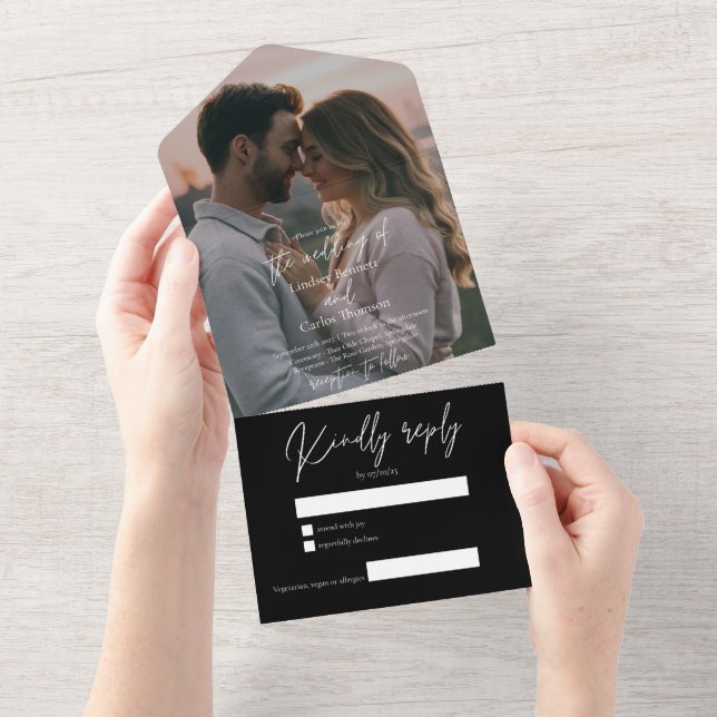 Elegant modern black wedding photo with RSVP All In One Invitation (Tearaway)
