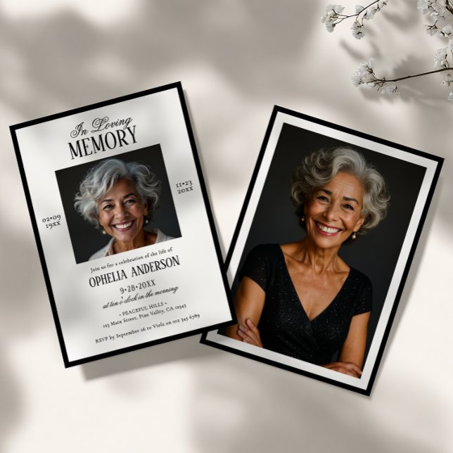 Elegant Modern Black & White 2-Photo Funeral Invitation (Creator Uploaded)