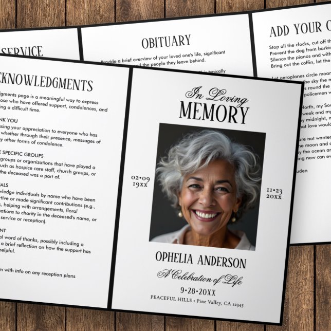 Elegant Modern Black & White 2-Photo Funeral Tri-Fold Programme (Creator Uploaded)
