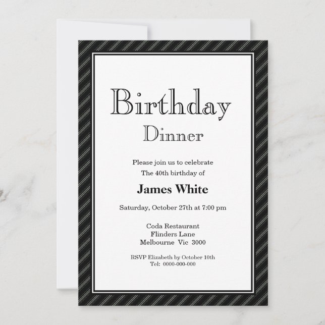 Elegant Modern Black & White 40th Birthday Dinner Invitation (Front)