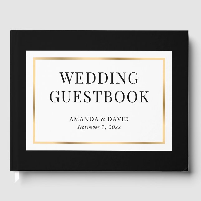 Elegant Modern Black White and Gold Wedding Guest Book (Front)