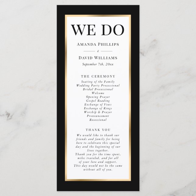 Elegant Modern Black White and Gold Wedding Programme (Front)