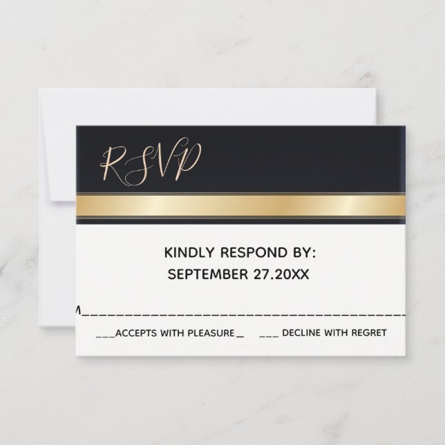 Elegant modern black white and gold wedding RSVP Card (Front)