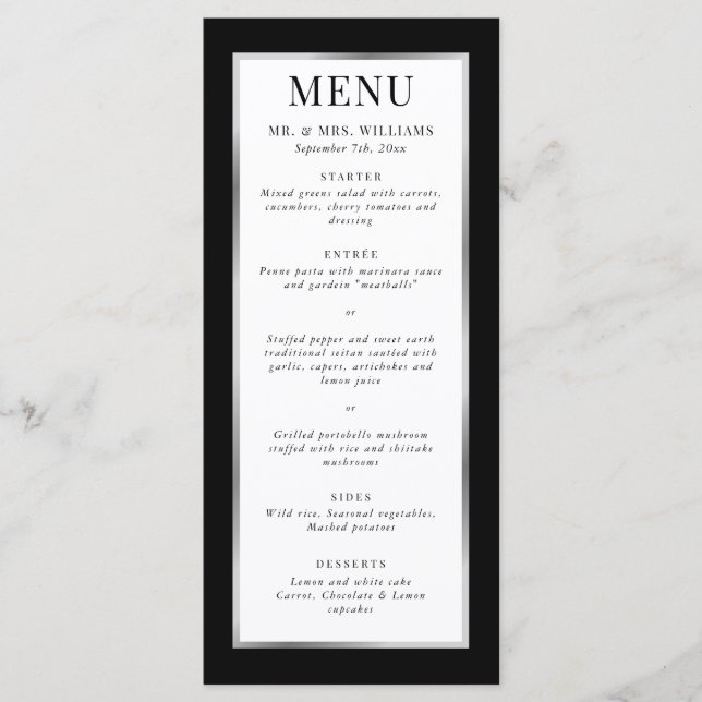 Elegant Modern Black White and Silver Wedding Menu (Front)