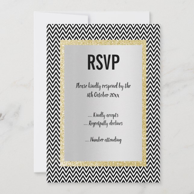 ELEGANT MODERN BLACK WHITE CHEVRON RSVP RESPONSE INVITATION (Front)