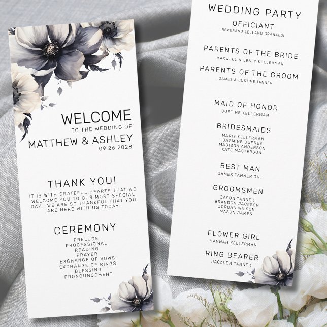 Elegant Modern Black White Floral Wedding Ceremony Programme (Elegant Modern Floral Black White Wedding Ceremony Program)