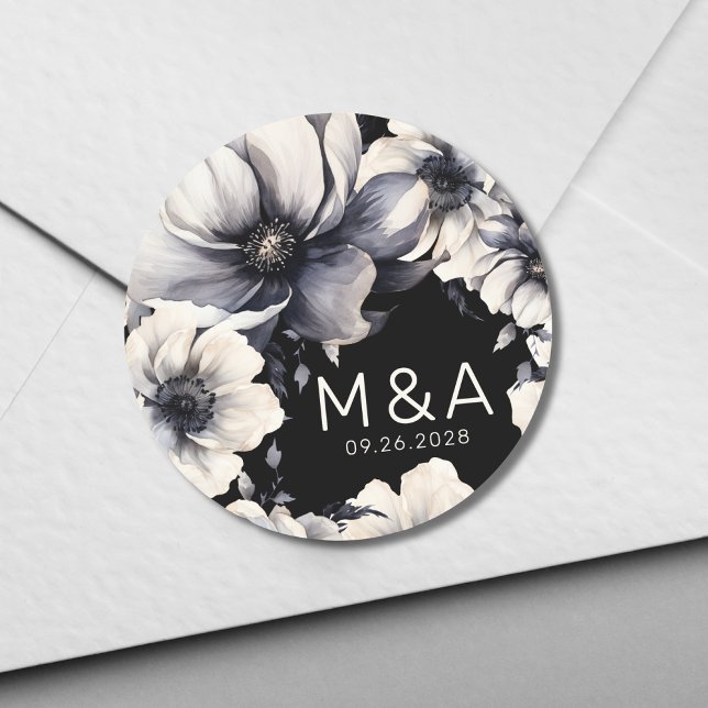 Elegant Modern Black White Floral Wedding Classic Round Sticker (Elegant Modern Chic Floral Black White Wedding Classic Round Sticker)