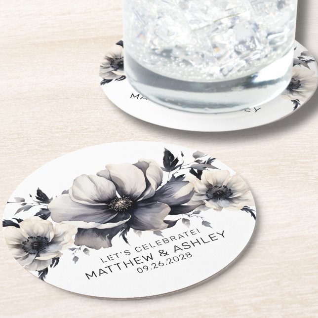 Elegant Modern Black White Floral Wedding Round Paper Coaster (Chic Elegant Date Boho Floral Black White Wedding Round Paper Coaster)