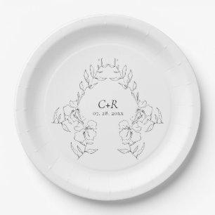 Elegant Modern Black/White Floral Wreath Paper Plate