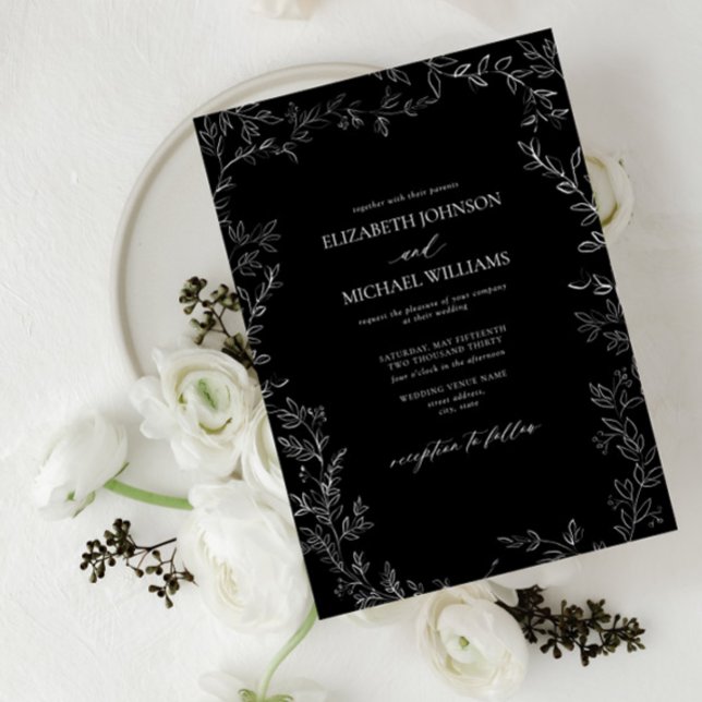 Elegant Modern Black & White Minimal Leaf Wedding Invitation (Creator Uploaded)