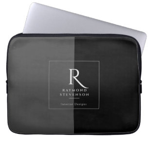Elegant Modern Black White Monogrammed Laptop Sleeve