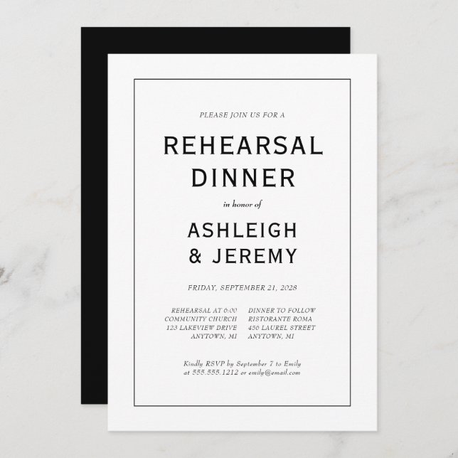 Elegant Modern Black White Rehearsal Dinner Invitation (Front/Back)