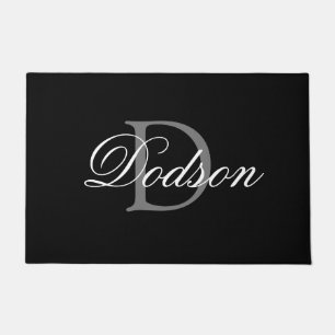Elegant Modern Black White Script Monogram Family Doormat