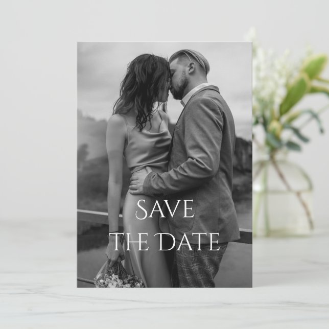 Elegant Modern Black White Script Photo Wedding Save The Date (Standing Front)