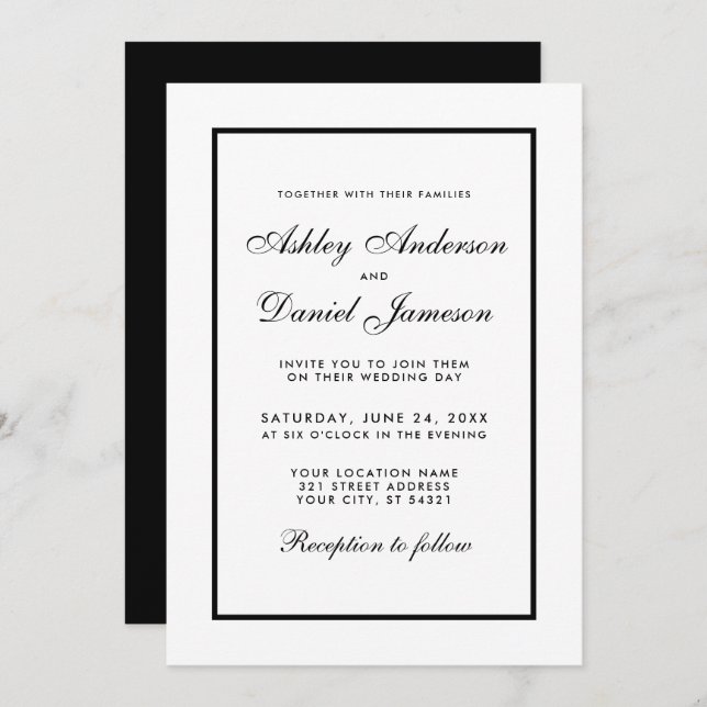 Elegant Modern Black & White Wedding Invitation (Front/Back)
