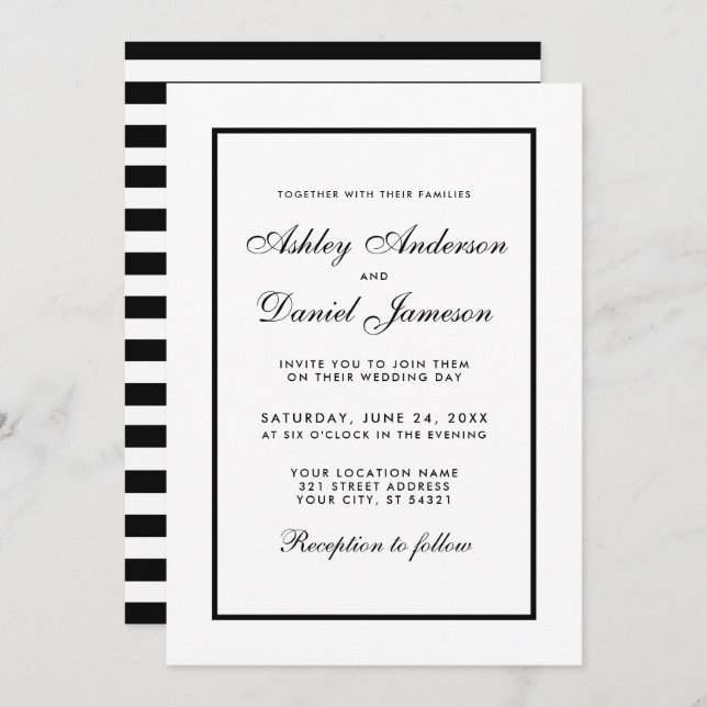 Elegant Modern Black White Wedding Invitation S (Front/Back)