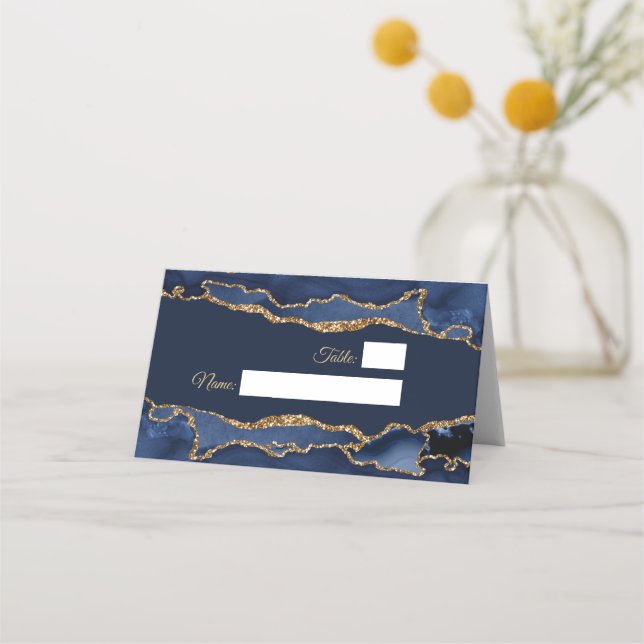 Elegant & Modern Blue and Gold Agate  Place Card (Front)