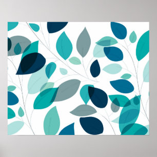 Elegant Modern Blue and Green Leaves Pattern Poster