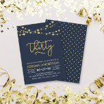 Elegant Modern Blue Faux Gold Lights 30th Birthday Invitation<br><div class="desc">Modern 30th Birthday Party invitation featuring elegant strings of lights and the word "Thirty" in faux gold foil against a dark blue background. Card includes a matching pattern back side. Check out other matching items here https://www.zazzle.com/collections/strings_of_lights_faux_gold_celebration_collection-119311942951401241?rf=238364477188679314 Personalise it by replacing the placeholder text to add your information. For more options...</div>
