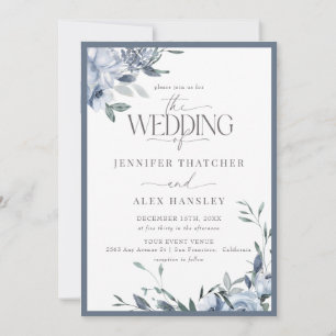 Elegant Modern Blue Floral Wedding Qr Code Rsvp Invitation