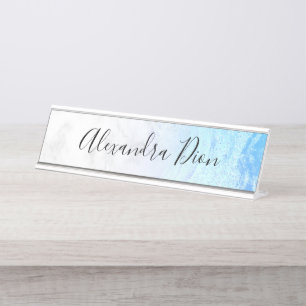 Elegant modern blue glitter white marble desk name plate