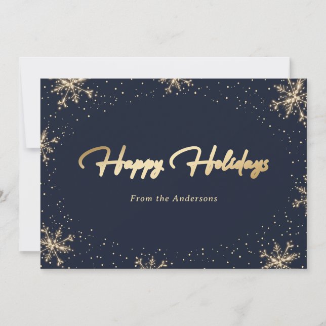 Elegant Modern Blue Gold Snowflake Holiday Card (Front)