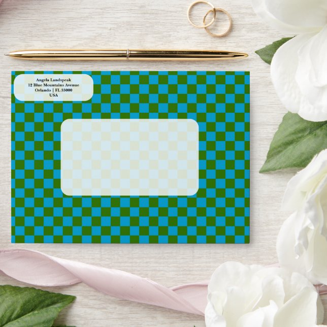 Elegant, Modern Blue & Green Chequered   Envelope (Wedding)