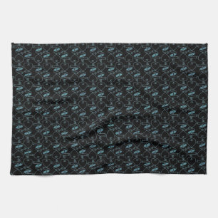 Elegant Modern Blue Hearts and Keys Pattern Tea Towel