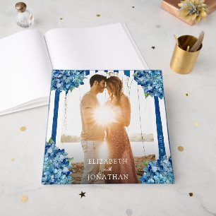 Elegant Modern Blue Hydrangea Floral Photo Wedding Guest Book